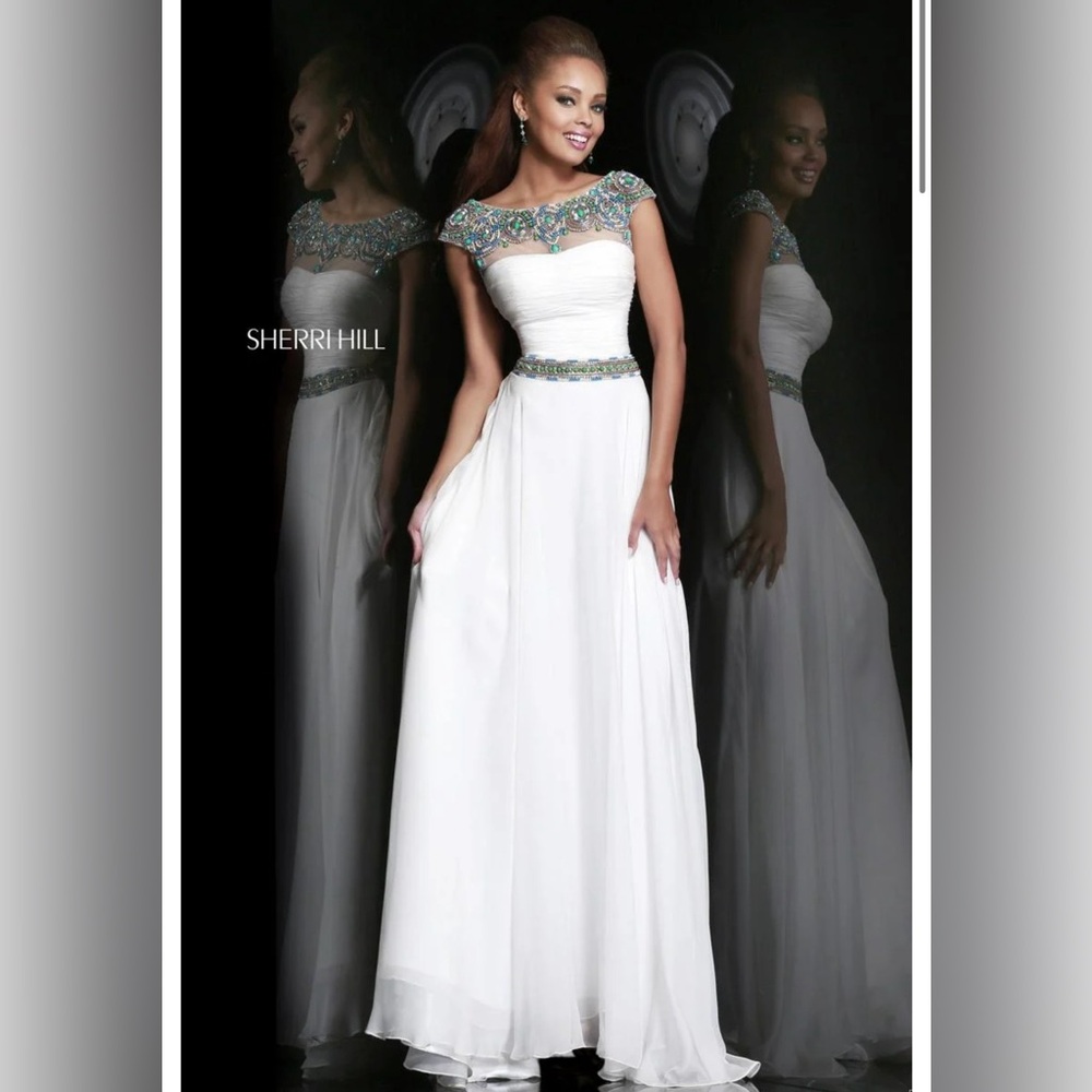 Sherri Hill 21272 White Cap Sleeve Sheer Rhinestone Beaded Prom Dress Size 0